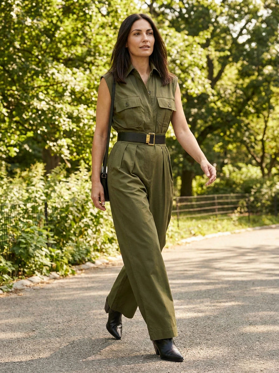 Woman wearing an olive sleeveless utility jumpsuit, walking through a park