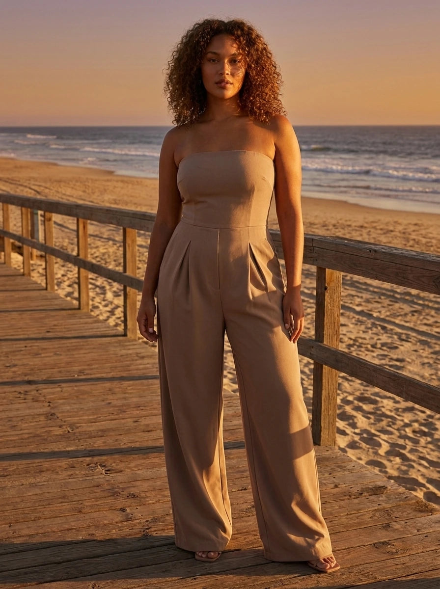 Woman wearing a beige strapless wide-leg jumpsuit on a beach boardwalk at golden hour