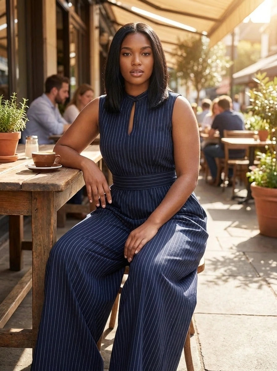 Woman wearing a dark blue striped wide-leg jumpsuit seated at an outdoor cafe terrace