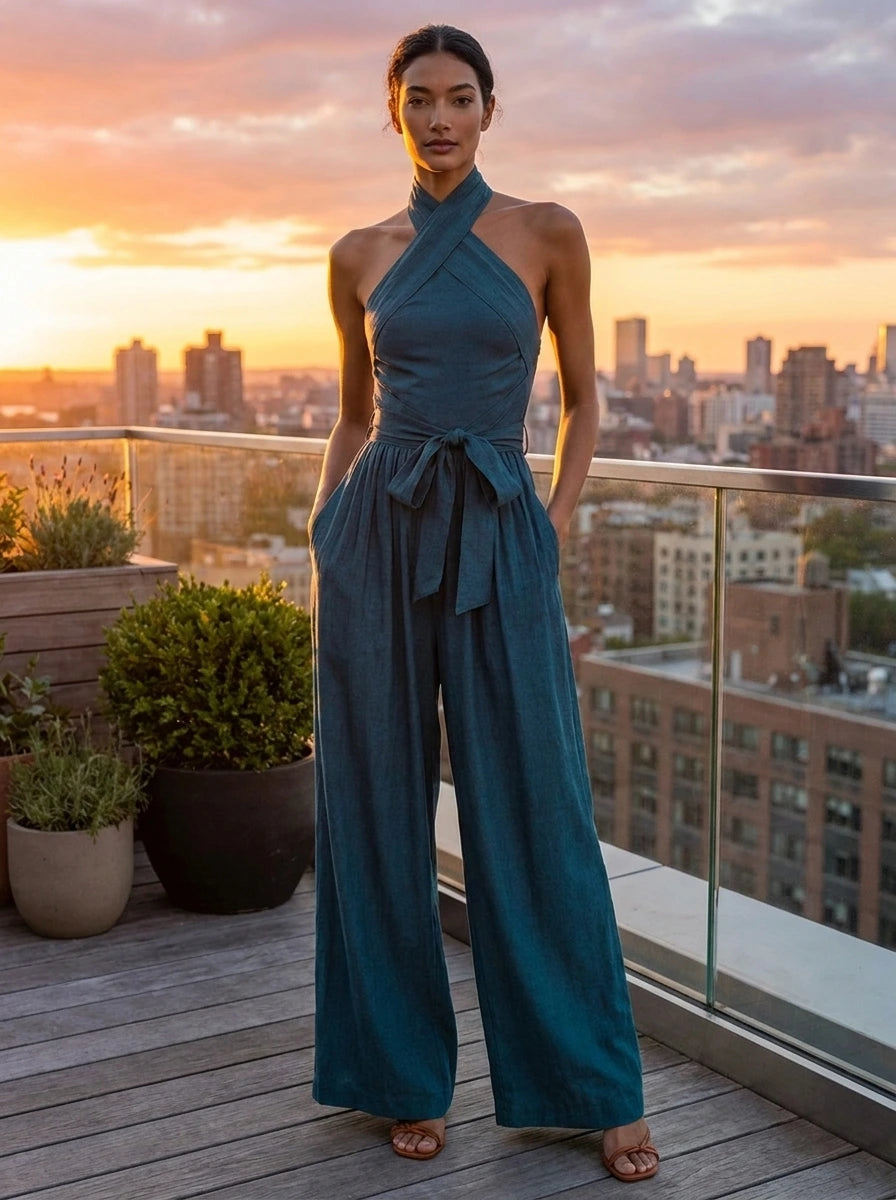 Woman wearing a teal blue wide-leg halter jumpsuit on a rooftop terrace at sunset