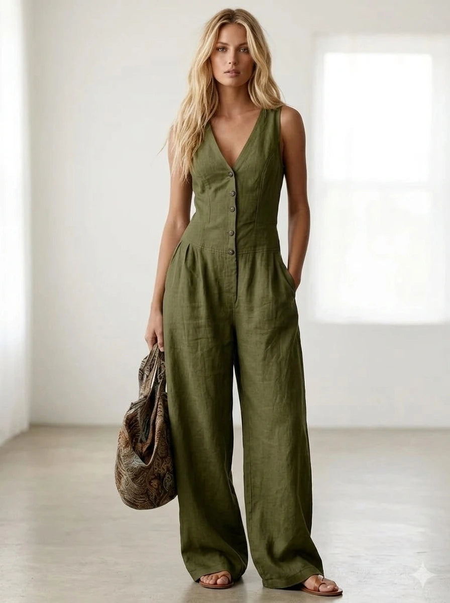 Driftly green V-neck wide-leg jumpsuit with front button closure and side pockets, linen-effect fabric, in a minimalist studio setting with soft window light.