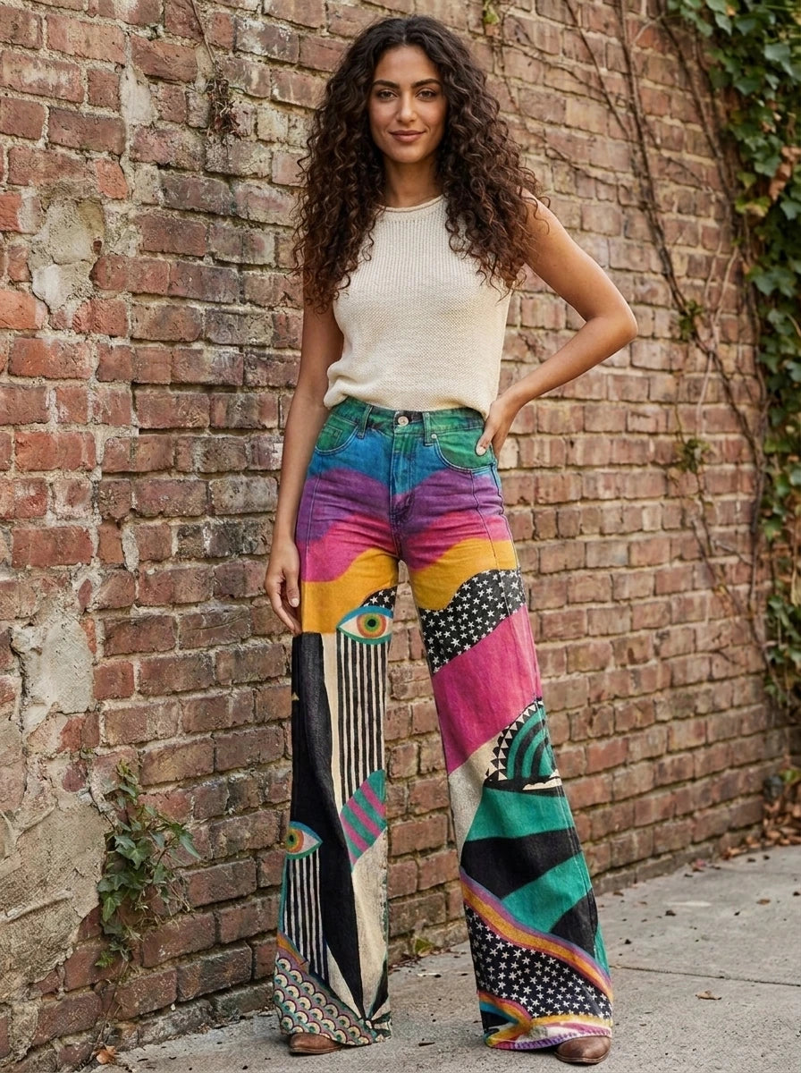 Woman wearing multicolor boho chic flared pants, different pose against a brick wall