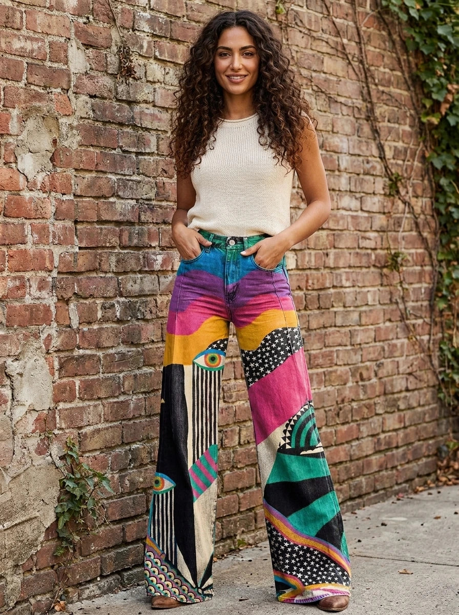 Woman wearing multicolor boho chic flared pants against a brick wall
