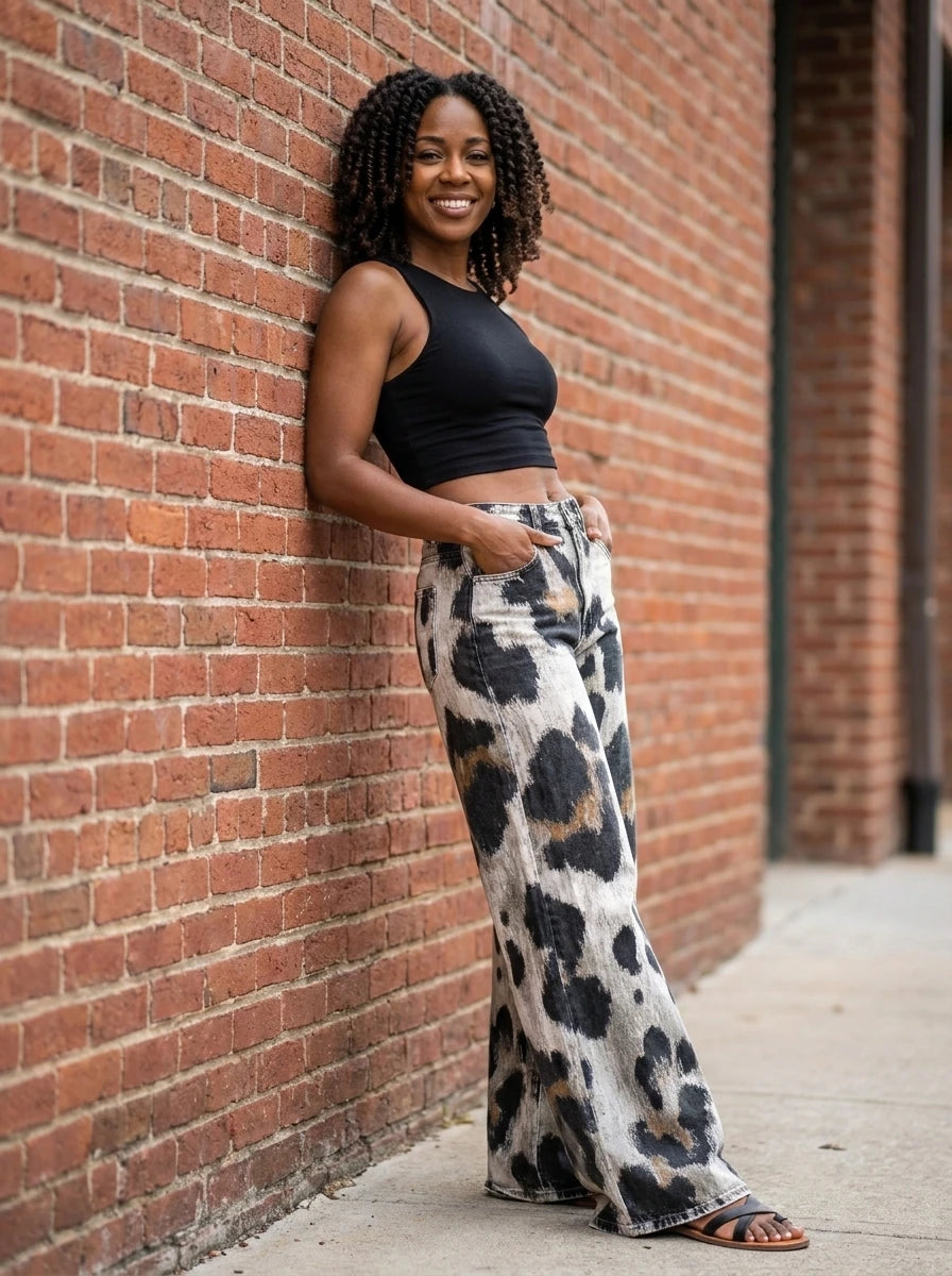 Woman wearing black-white cheetah print bohemian pants against a brick wall