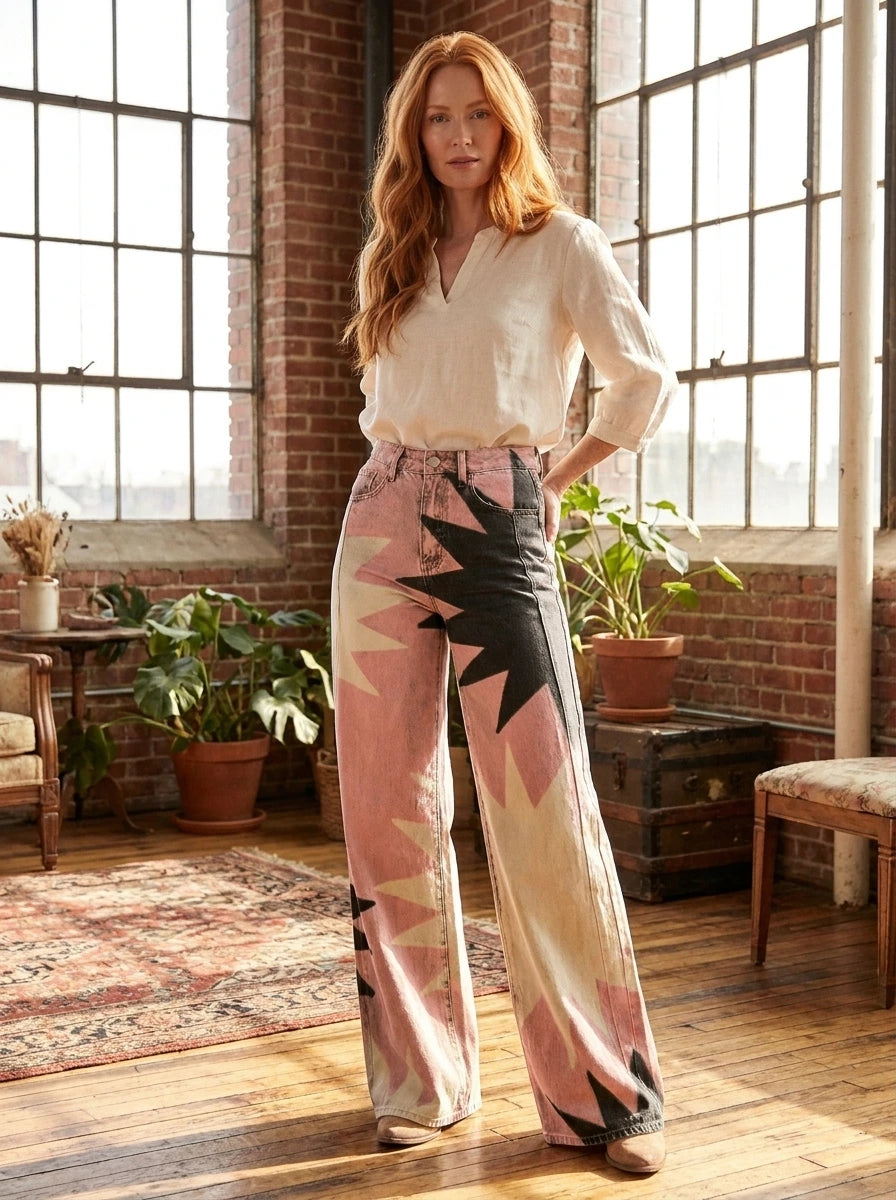 Woman wearing pink bohemian chic high-waisted patterned pants, standing in a sunlit loft