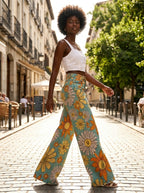 Woman wearing yellow floral print palazzo pants, walking on a cobblestone street
