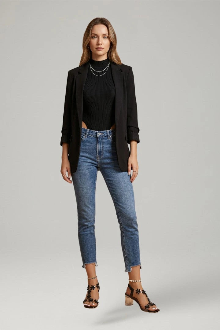 Woman wearing black block heel cushioned sandals - lifestyle photo