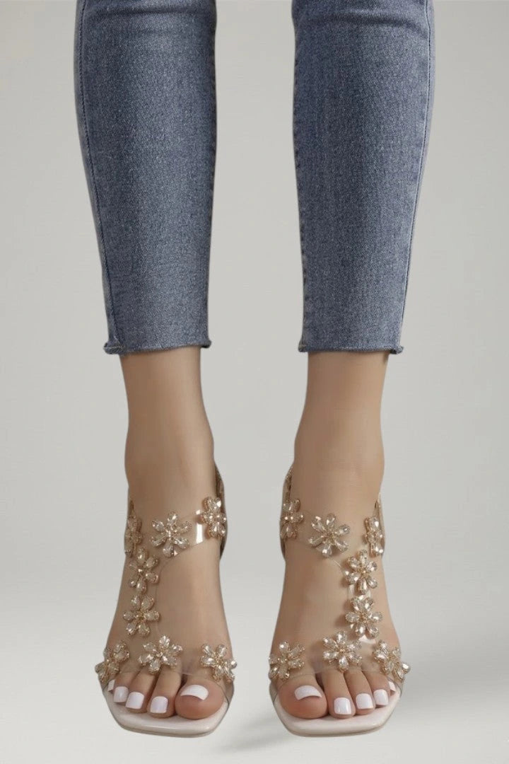 Woman wearing champagne gold block heel cushioned sandals - lifestyle photo