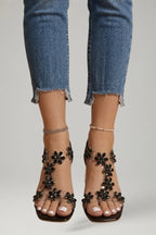 Woman wearing champagne gold block heel cushioned sandals - lifestyle photo