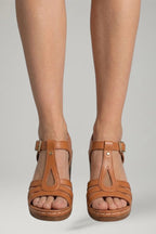 Woman wearing light brown block heel cushioned open-toe sandals - lifestyle photo