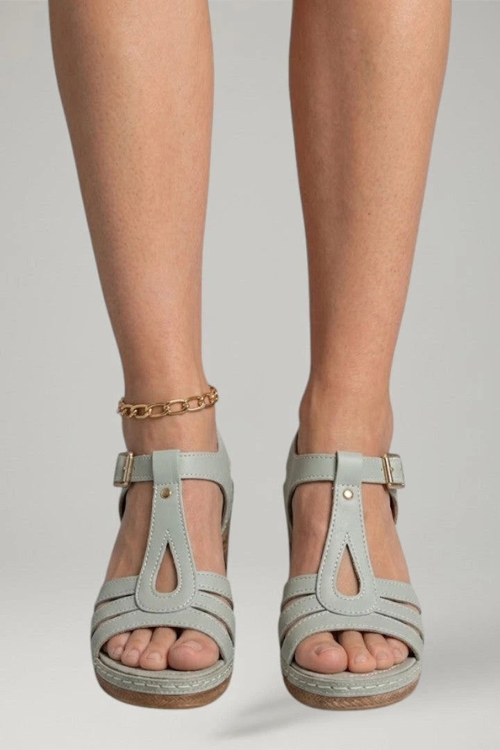 Woman wearing light grey block heel cushioned open-toe sandals - lifestyle photo