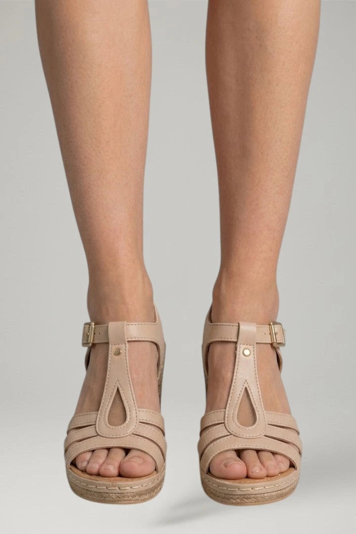 Woman wearing rose beige block heel cushioned open-toe sandals - lifestyle photo