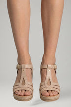 Woman wearing rose beige block heel cushioned open-toe sandals - lifestyle photo