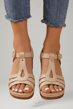 Woman wearing light brown block heel cushioned strap sandals - lifestyle photo