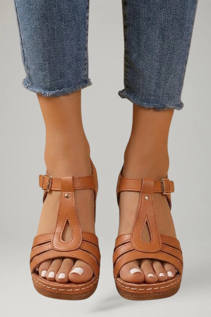 Woman wearing light brown block heel cushioned strap sandals - lifestyle photo