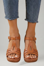 Woman wearing light brown block heel cushioned strap sandals - lifestyle photo
