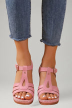 Woman wearing pink block heel cushioned strap sandals - lifestyle photo