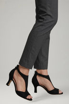 Woman wearing black block heel cutout upper sandals - lifestyle photo