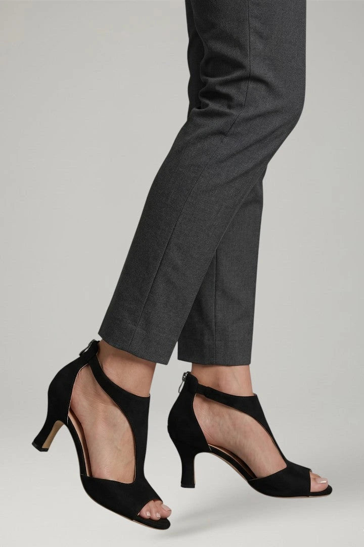 Woman wearing black block heel cutout upper sandals - lifestyle photo