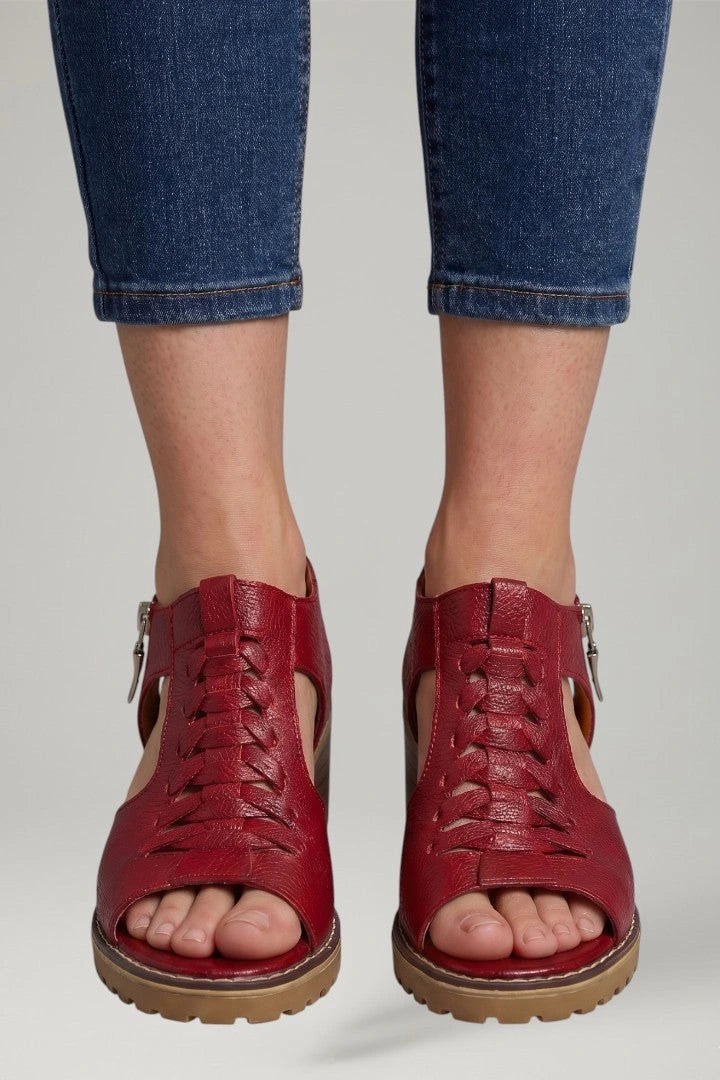 Woman wearing red block heel zip closure sandals - lifestyle photo