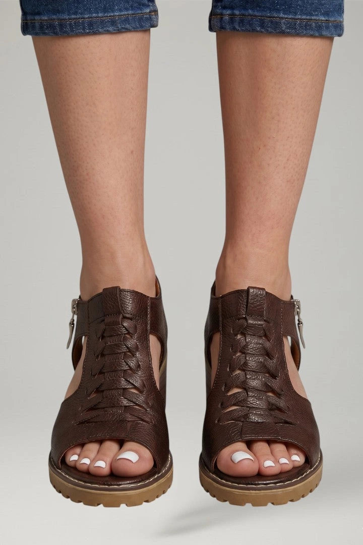 Woman wearing red block heel zip closure sandals - lifestyle photo