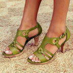 Woman wearing a green cork heeled open-toe sandals - lifestyle photo