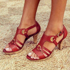 Woman wearing a red cork heeled open-toe sandals - lifestyle photo