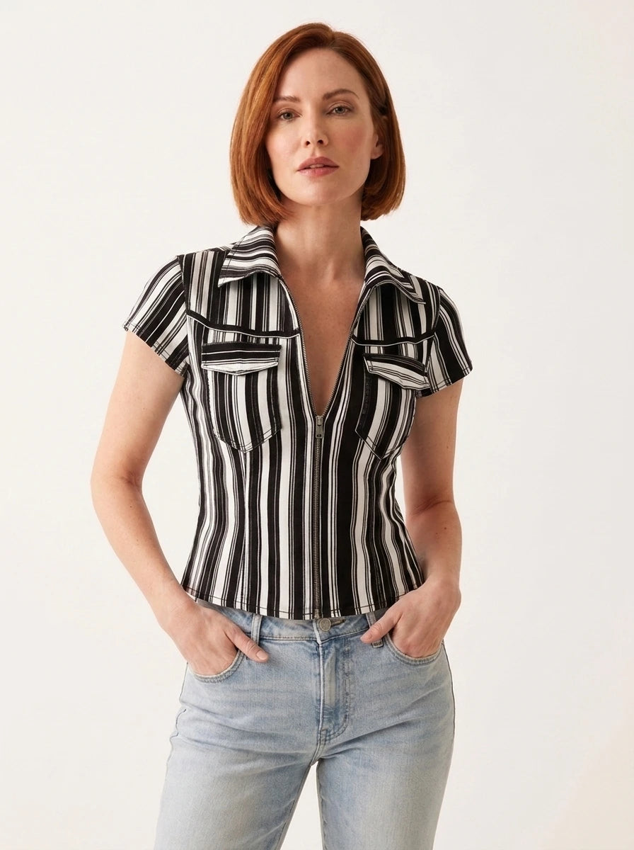 Black and white striped denim-look shirt, studio front view.