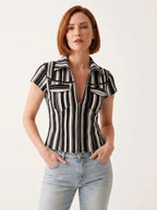 Black and white striped denim-look shirt, studio front view.