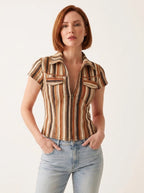 Brown and white striped denim-look shirt, studio front view.