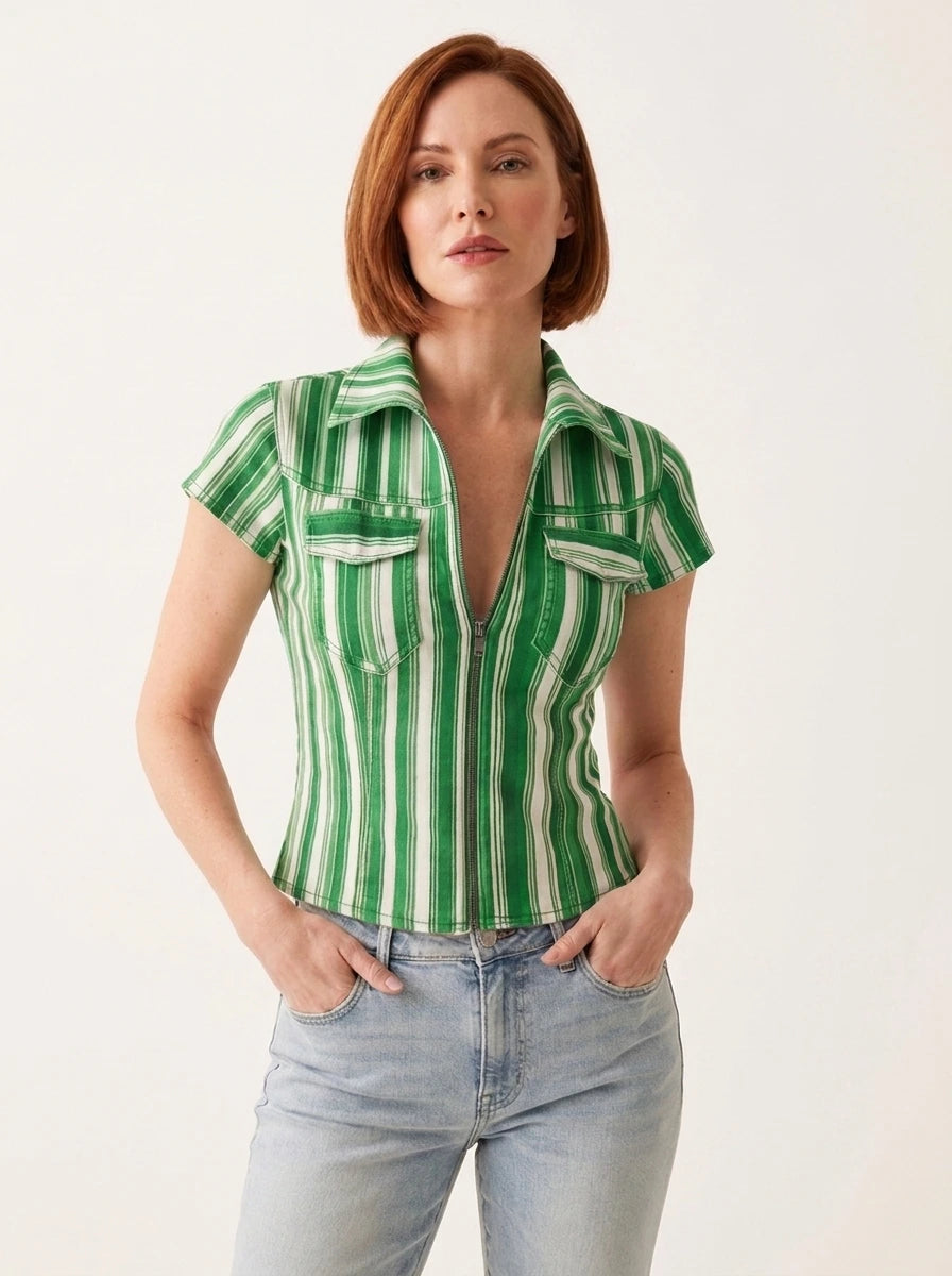 Green and white striped denim-look shirt, studio front view.