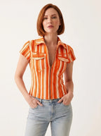 Orange and white striped denim-look shirt, studio front view.