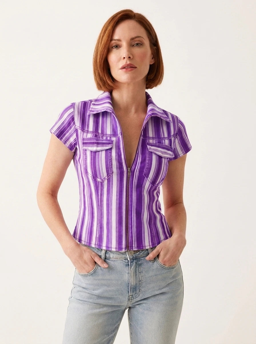 Purple and white striped denim-look shirt, studio front view.