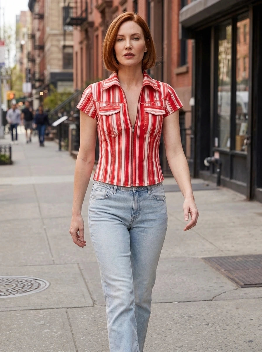 Red and white striped denim-look shirt worn outdoors on a city street.