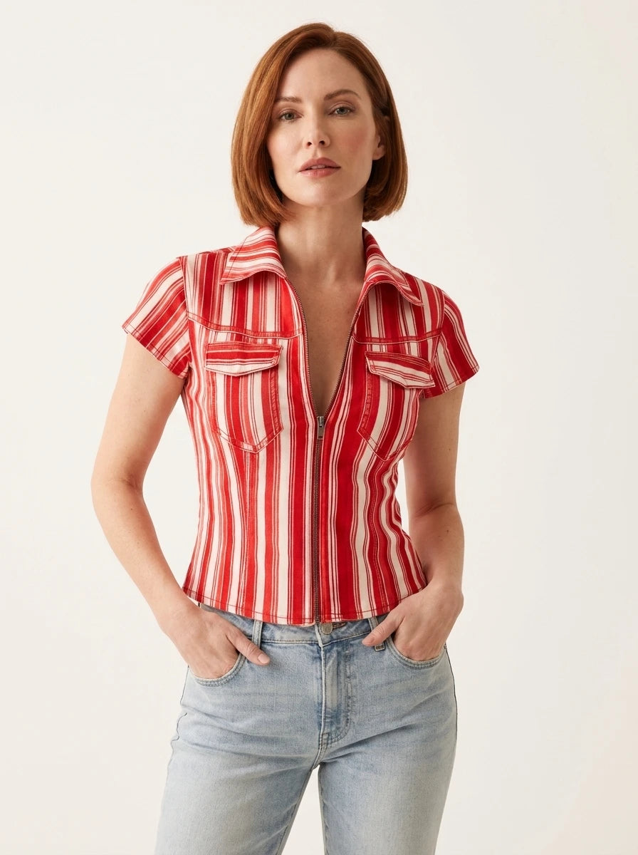 Red and white striped denim-look shirt with short sleeves, classic collar, zipper front, chest pockets, studio front view.
