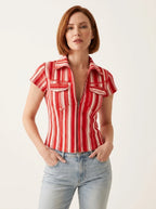 Red and white striped denim-look shirt with short sleeves, classic collar, zipper front, chest pockets, studio front view.