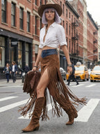 Woman wearing a brown denim-splice faux suede fringe maxi skirt on a city street