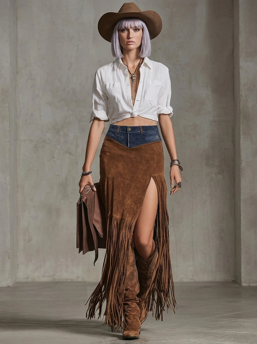 Woman wearing a brown denim-splice faux suede fringe maxi skirt in a studio setting