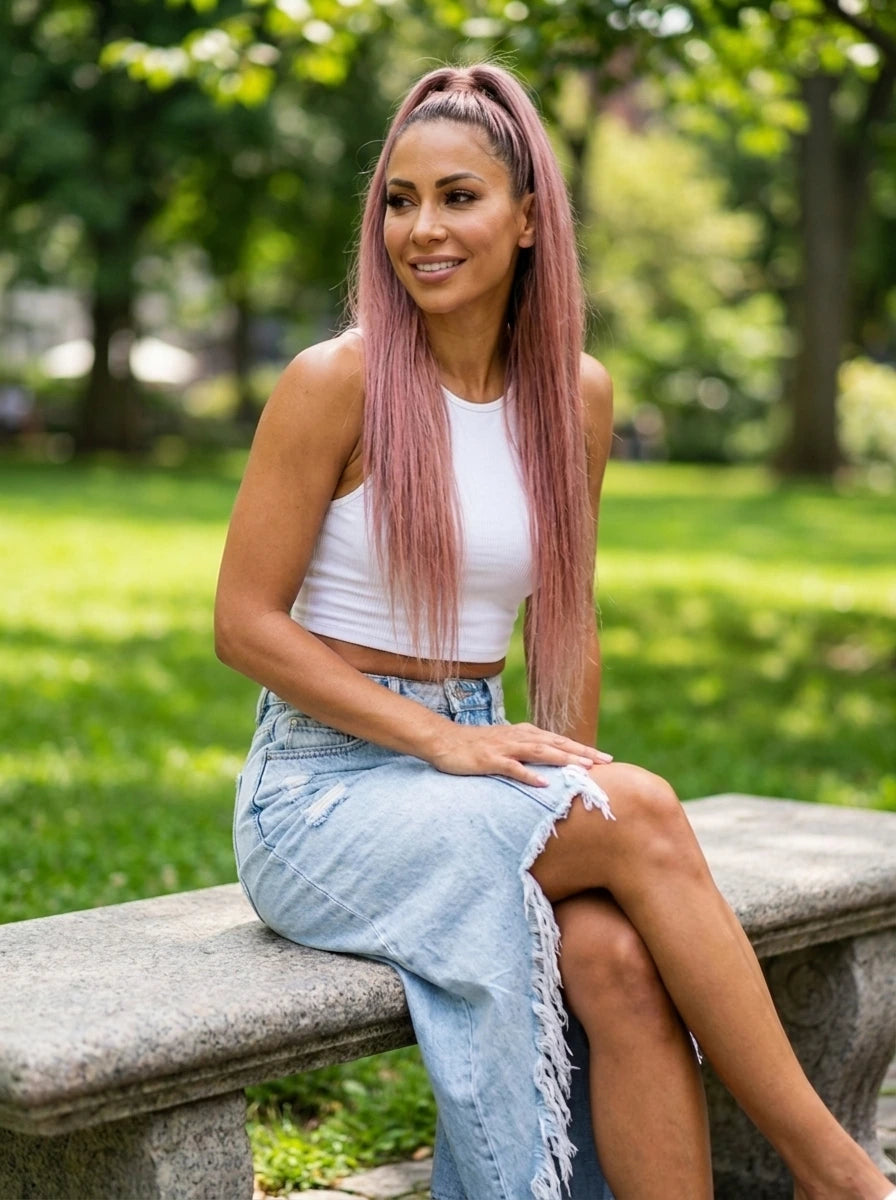 Woman wearing a light blue distressed denim midi skirt in a green park
