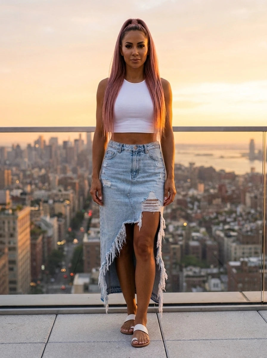 Woman wearing a light blue distressed denim midi skirt on a rooftop terrace