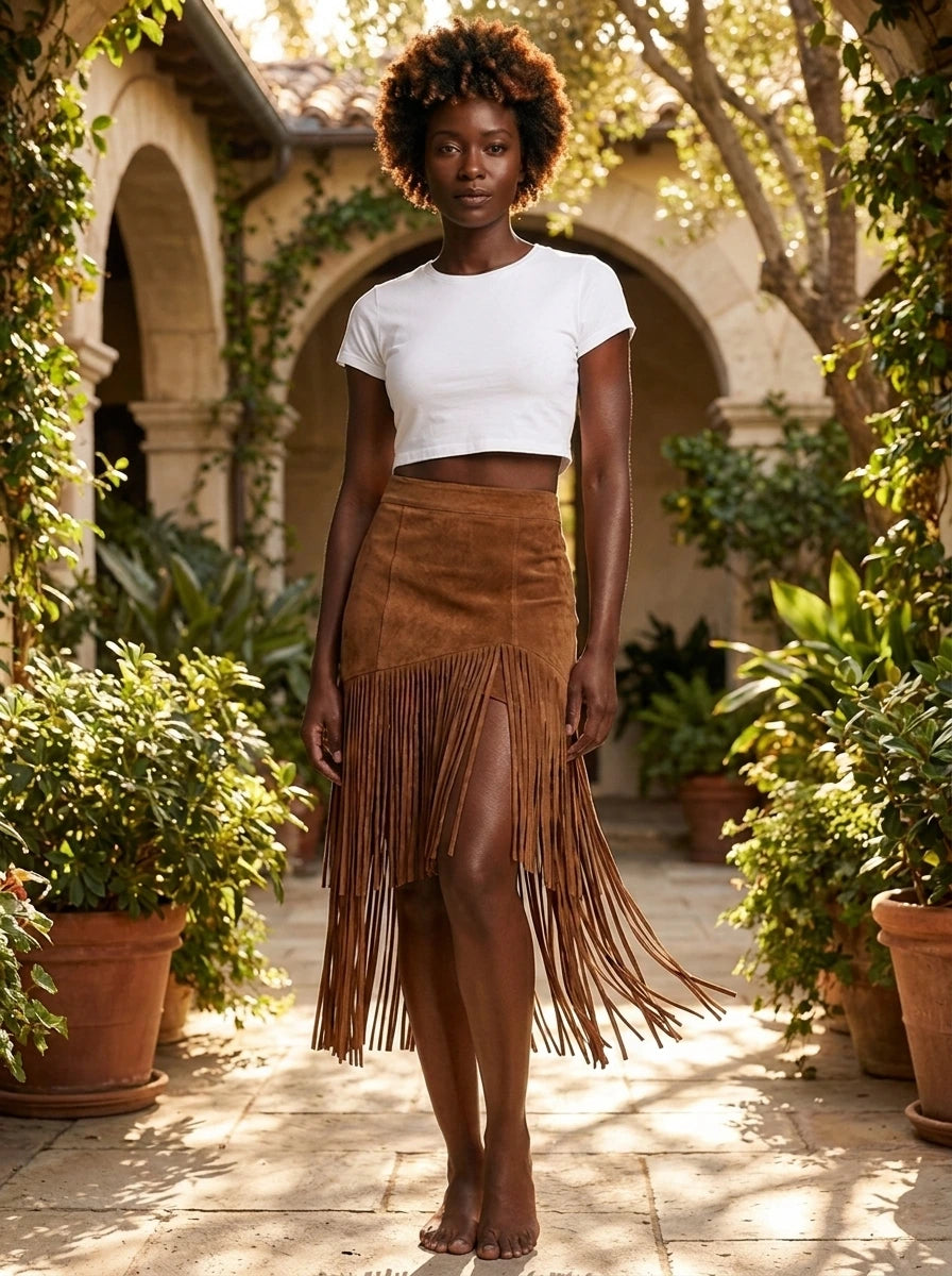 Woman wearing a brown suede fringe ruffle split midi skirt in a garden courtyard