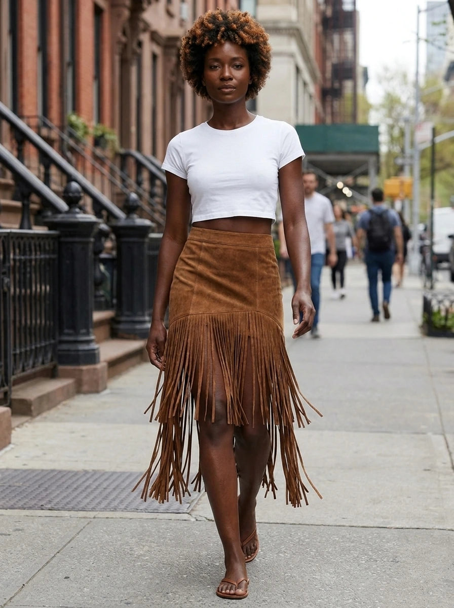 Woman wearing a brown suede fringe ruffle split midi skirt on a city street