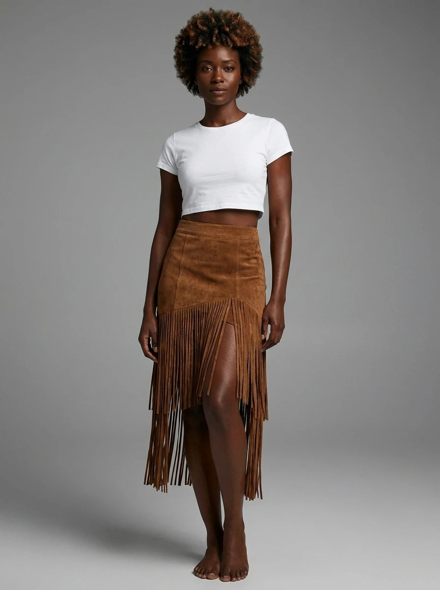 Woman wearing a brown suede fringe ruffle split midi skirt in a studio setting
