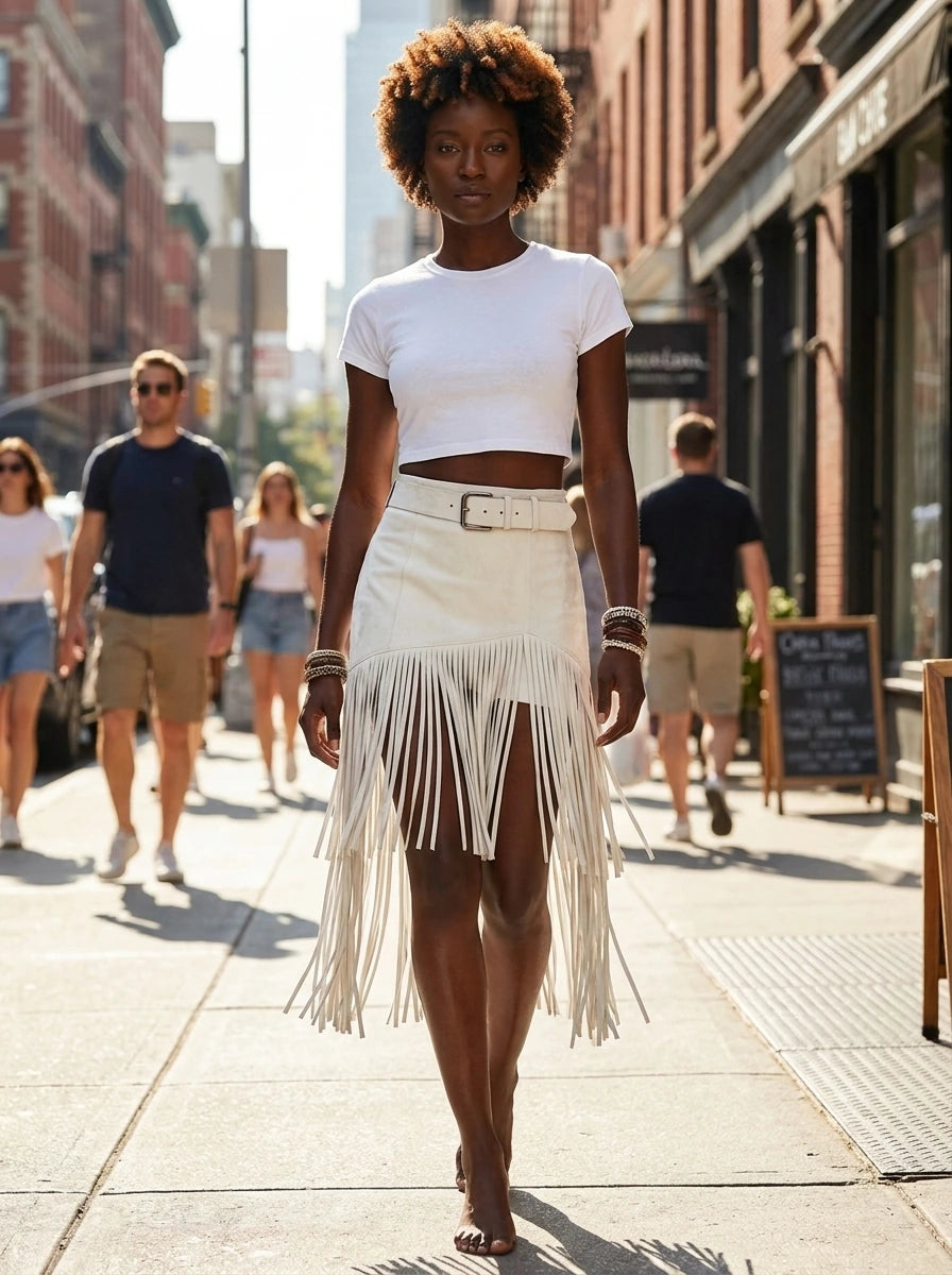 Woman wearing a white suede fringe ruffle split midi skirt on a city street