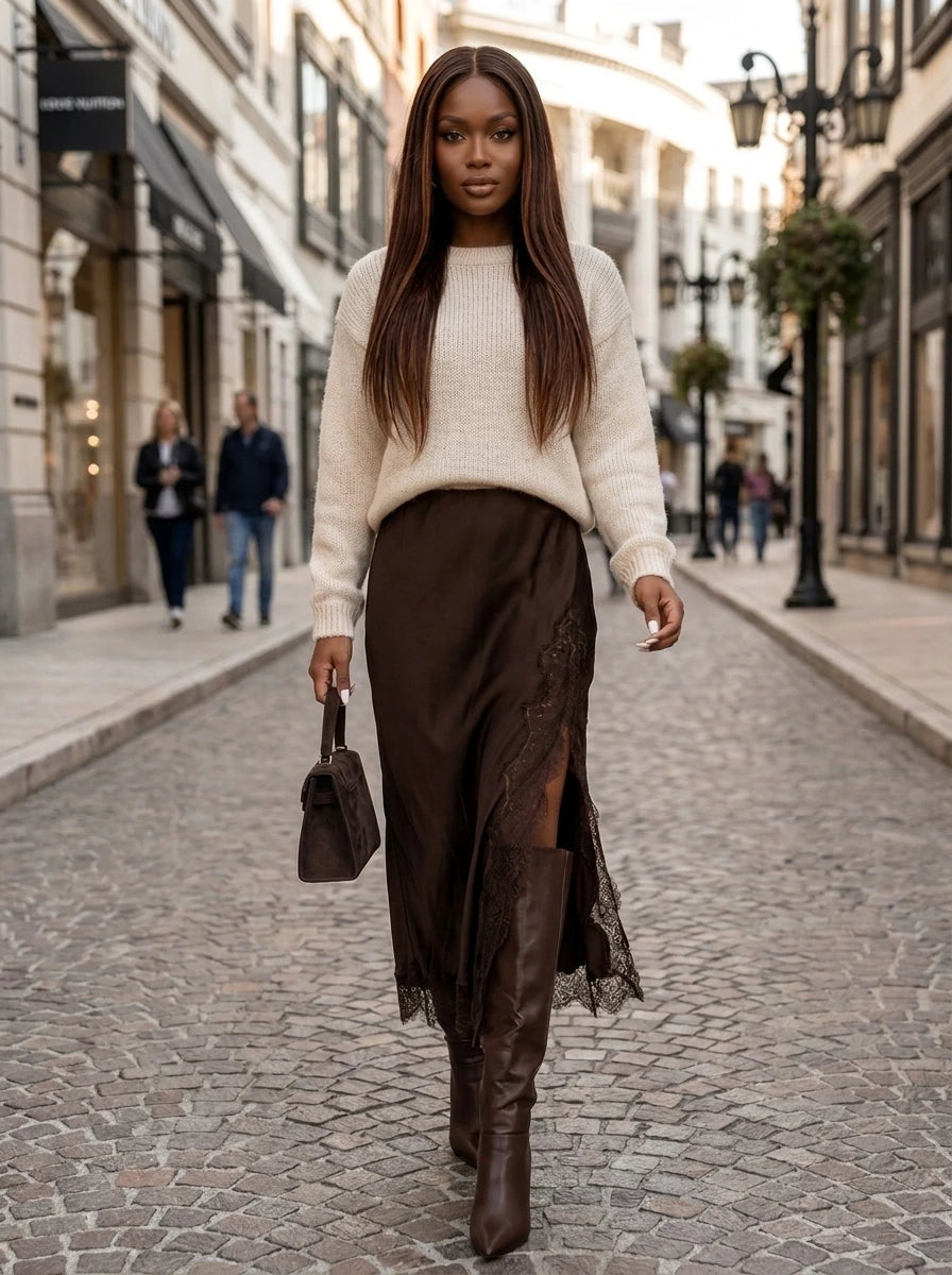 Woman wearing a chocolate brown viscose satin midi skirt with lace trim on a city street