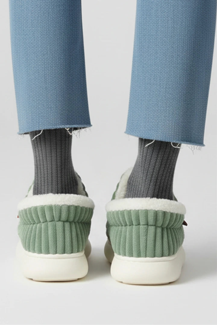 Woman wearing a green ribbed upper faux fur lined slipper - lifestyle photo