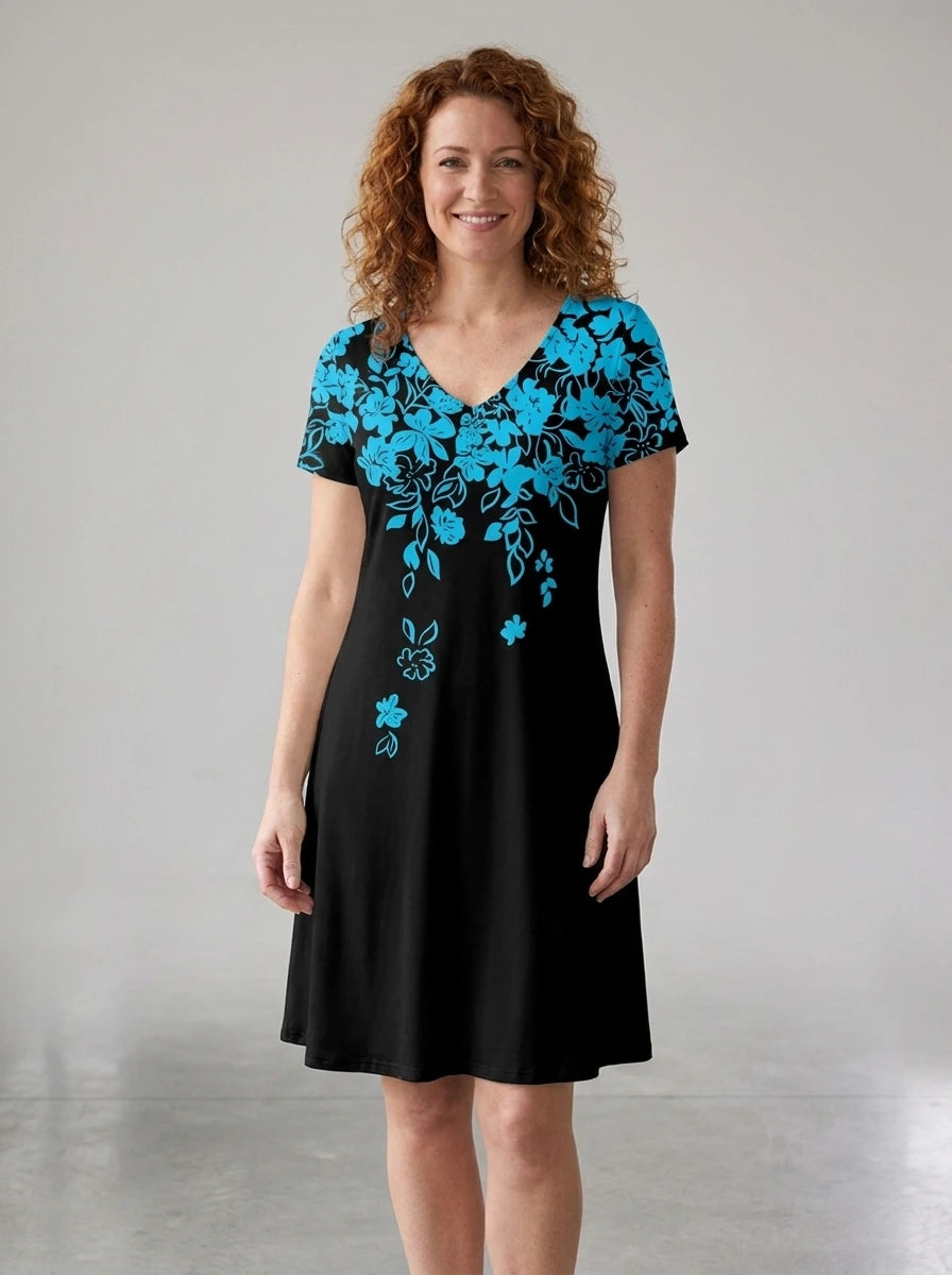 Driftly women's black and blue floral 3D print V-neck A-line sundress, in a minimalist studio setting.
