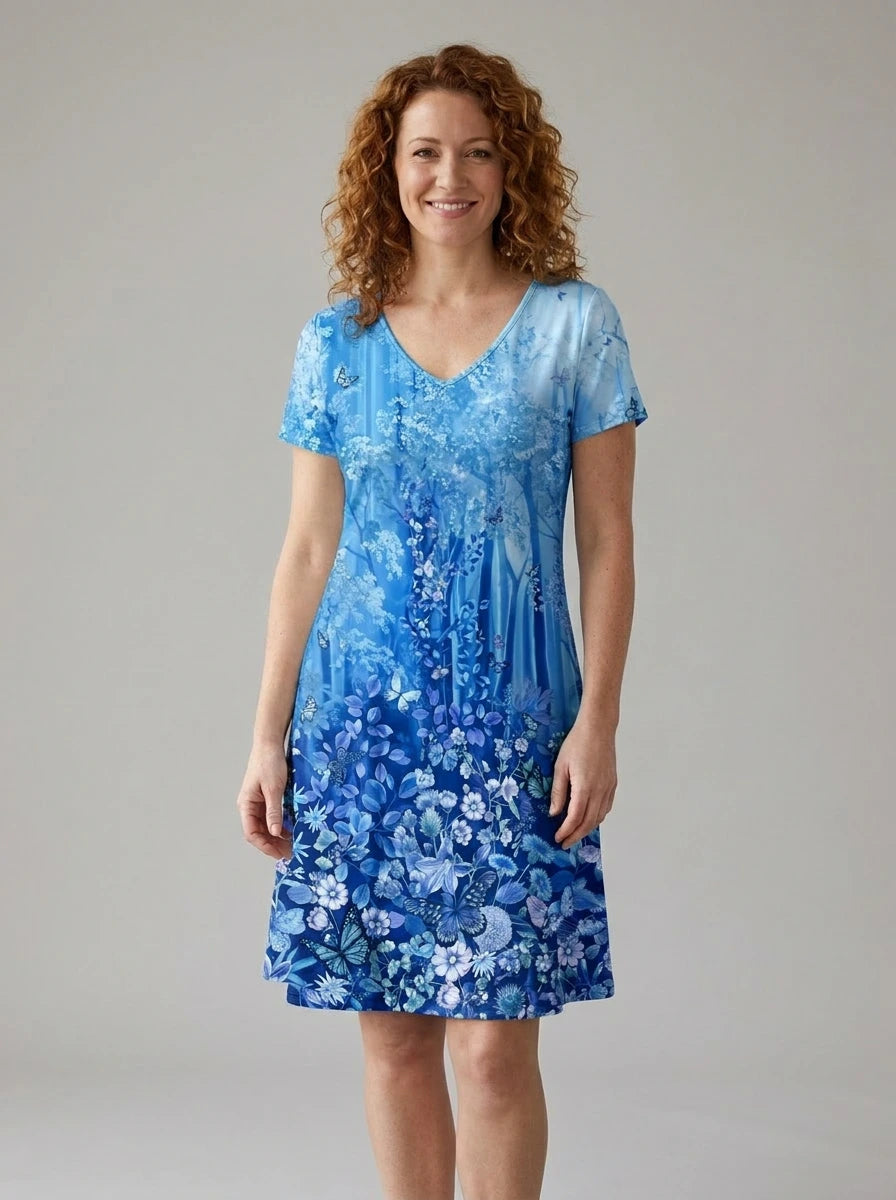 Driftly women's blue and white floral 3D print V-neck A-line sundress, in a minimalist studio setting.