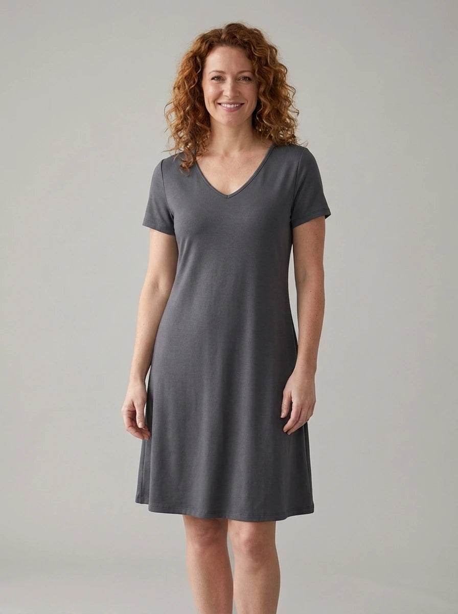 Driftly women's gray V-neck A-line sundress, in a minimalist studio setting.