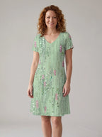 Driftly women's light green floral 3D print V-neck A-line sundress, in a minimalist studio setting.
